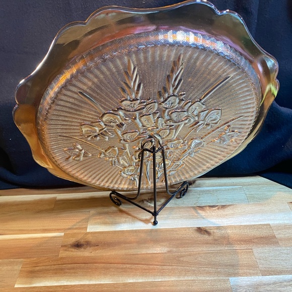 Marigold Jeanette Iris Herringbone Carnival Glass Cake Plate Serving Platter 12" - Picture 3 of 4